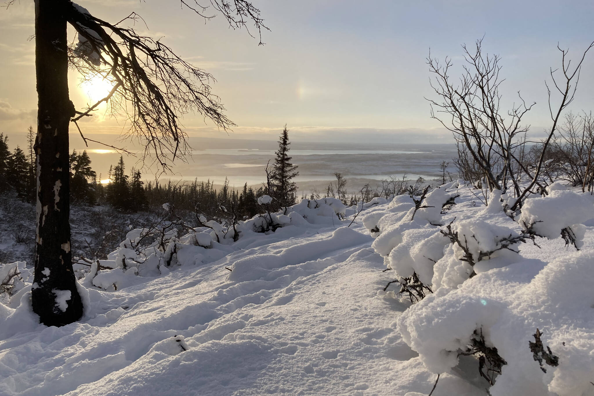 The Hidden, Engineer and Skilak lakes in Skilak Wildlife Recreation Area can be seen from Hideout Hill in the Kenai National Wildlife Refuge on Nov. 17, 2021. The refuge is celebrating its 80th winter. (Photo by Jeff Helminiak/Peninsula Clarion)