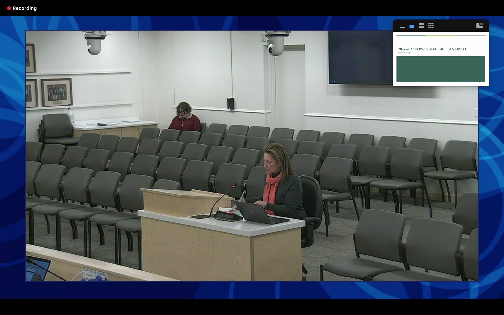 KPBSD Assistant Superintendent Kari Dendurent presents an update on the district’s strategic plan during a board of education work session on Monday, Feb. 7, 2022 in Soldotna, Alaska. (Screenshot)