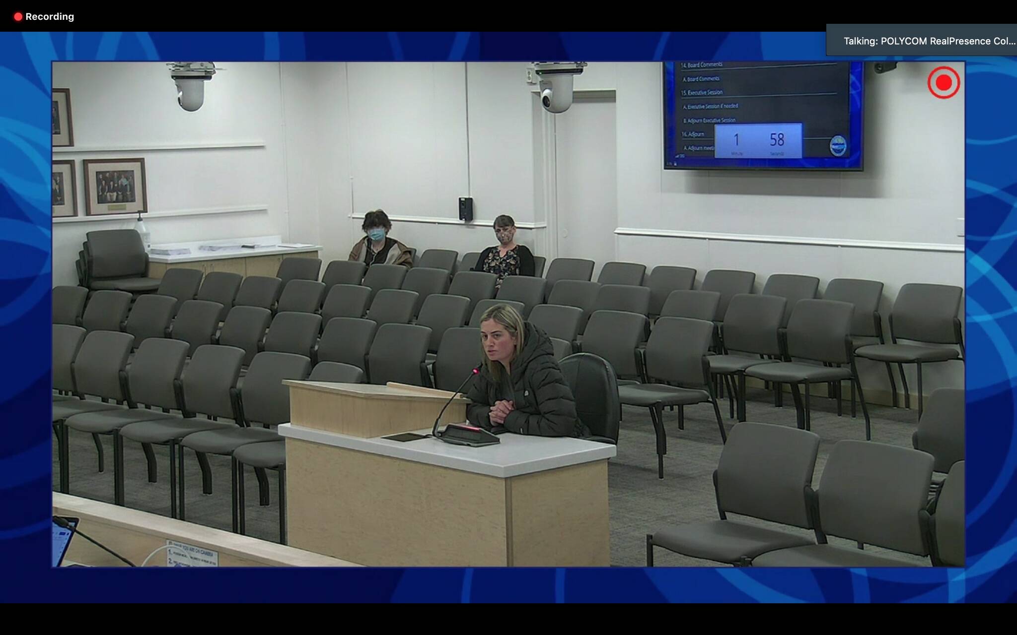Teea Winger testifies in opposition to universal masking in schools during a meeting of the Kenai Peninsula Borough Board of Education on Monday, Feb. 7, 2022 in Soldotna, Alaska. (Screenshot)