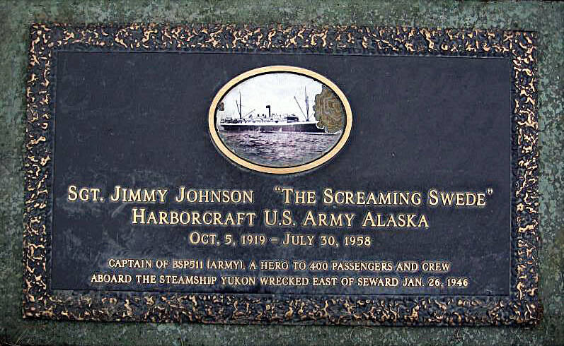 This is the memorial plaque that since 2001 has adorned the grave of James William Johnson, also known as “The Screaming Swede.” Photo courtesy of Peggy Arness.