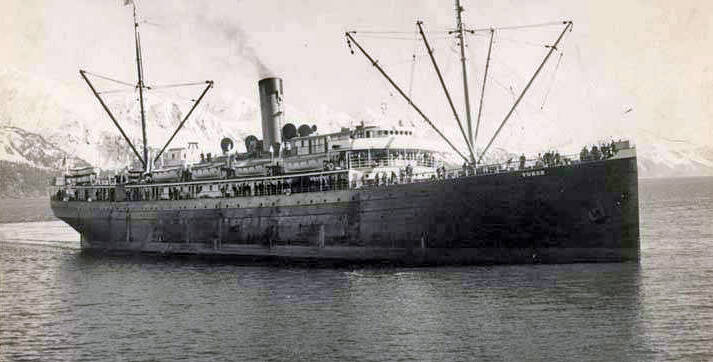 The 360-foot-long Steamship Yukon was launched in 1899 in Philadelphia and had been plying Alaskan waters for more than 20 years before its wreck in 1946. Photo from Seward Community Library Association collection in Alaska Digital Archives.