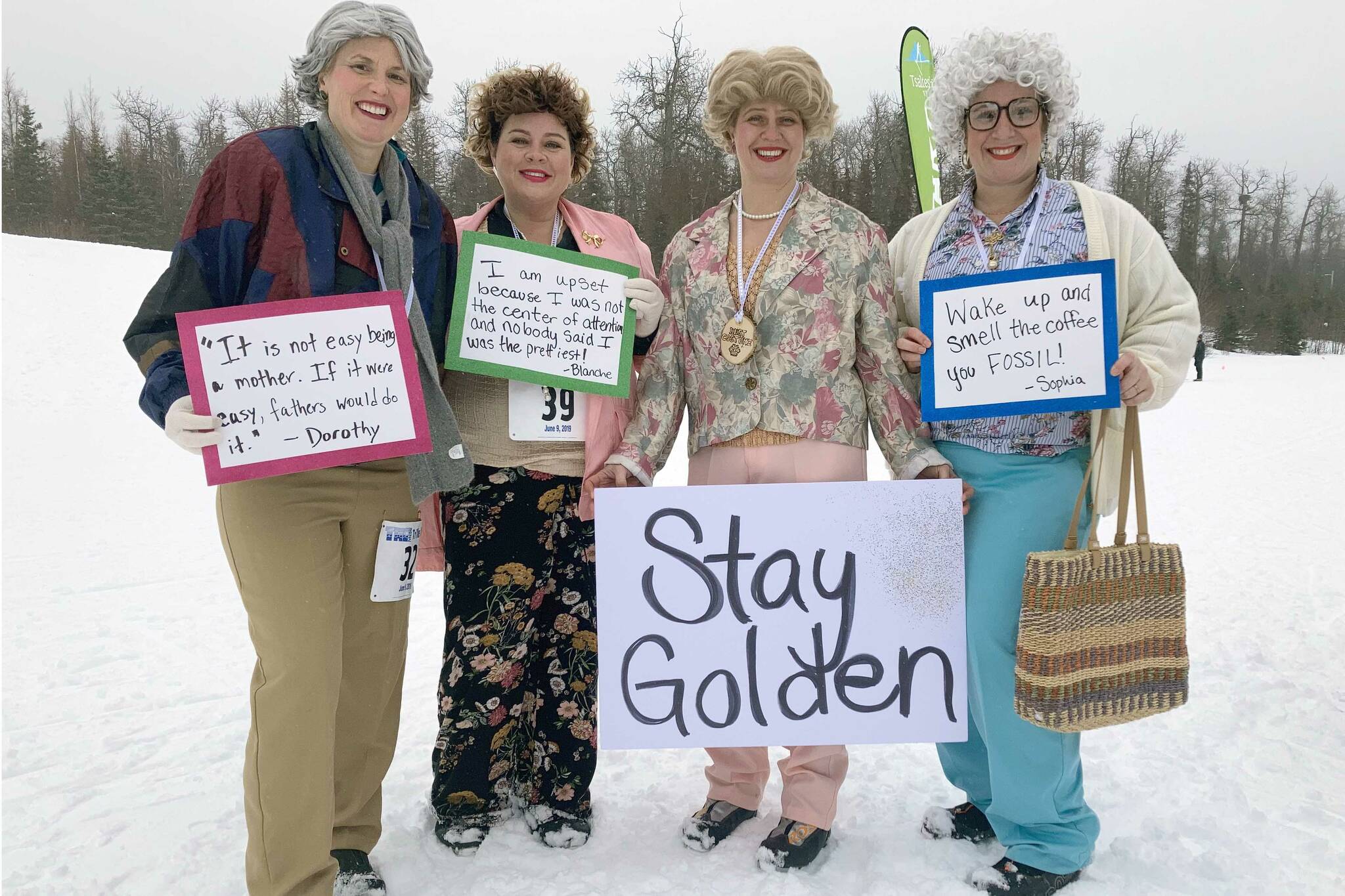 Heather Rinke, RaChelle Gruenberg, Sara Bundy and Becky Hart won best costume for "Golden Girls" at the Ski for Women on Sunday, Feb. 13, 2022, at Tsalteshi Trails just outside of Soldotna, Alaska. (Photo by Jeff Helminiak/Peninsula Clarion)
