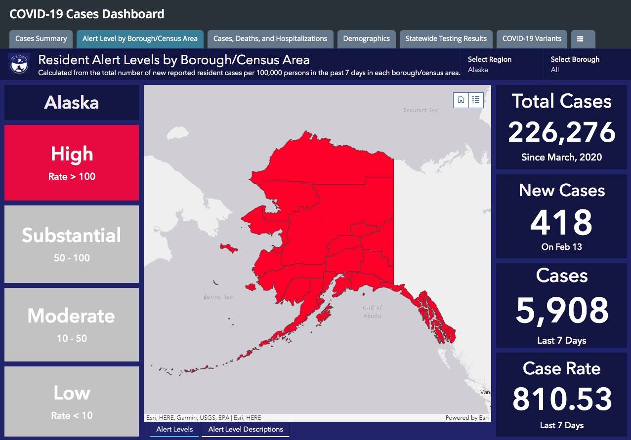 A DHSS map shows every region of Alaska to be at "high" COVID-19 alert level. (Screenshot)