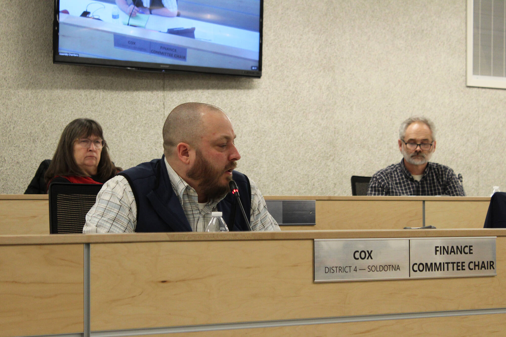 Assembly member Tyson Cox speaks during a meeting of the Kenai Peninsula Borough Assembly on Tuesday, Feb. 15, 2022 in Soldotna, Alaska. (Ashlyn O’Hara/Peninsula Clarion)