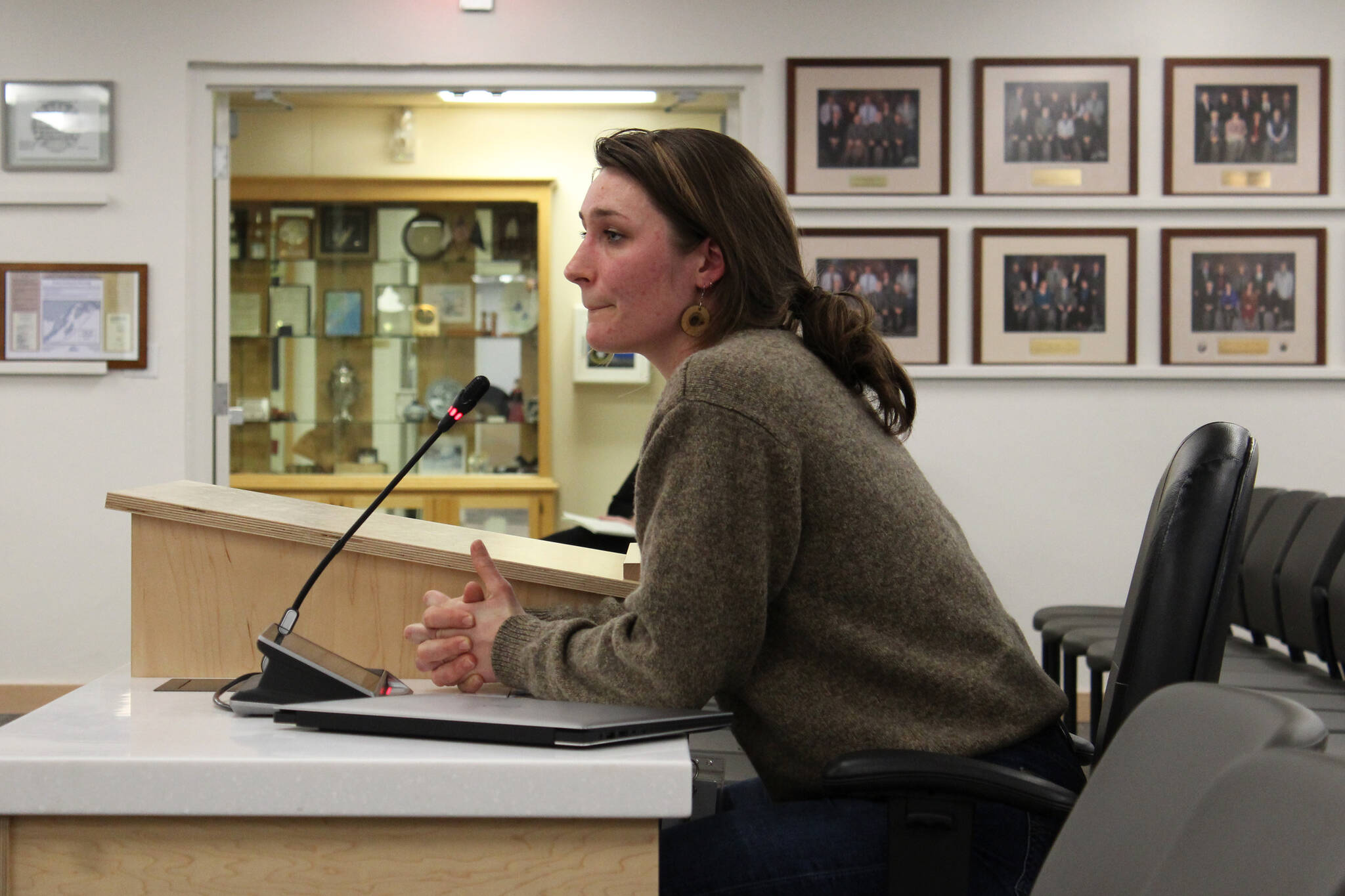 Kenai Peninsula Borough Land Management Agent Dakota Truitt presents the borough’s new timber harvesting program to the Kenai Peninsula Borough assembly on Tuesday, Feb. 15, 2022 in Soldotna, Alaska. (Ashlyn O’Hara/Peninsula Clarion)