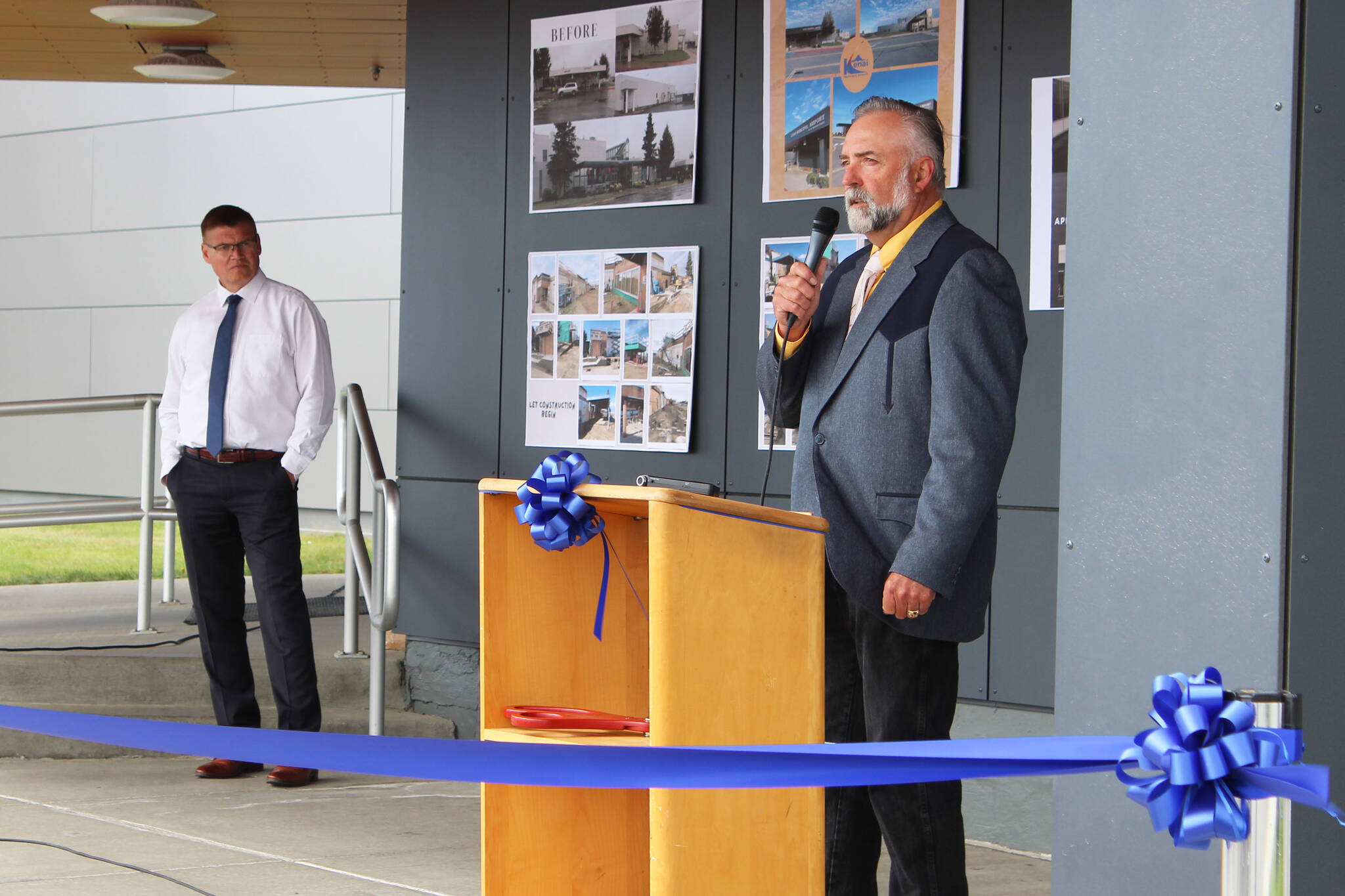 Ashlyn O’Hara / Peninsula Clarion
State Rep. Ron Gillham speaks at a ribbon-cutting ceremony Aug. 6. at Kenai Municipal Airport.