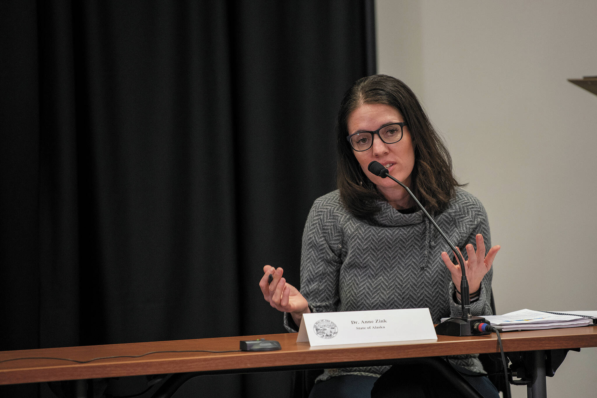 Dr. Anne Zink, Alaska's chief medical officer, addresses reporters during a Wendesday, March 25, 2020 press conference in the Atwood Building in Anchorage, Alaska. (Photo courtesy Office of the Governor)