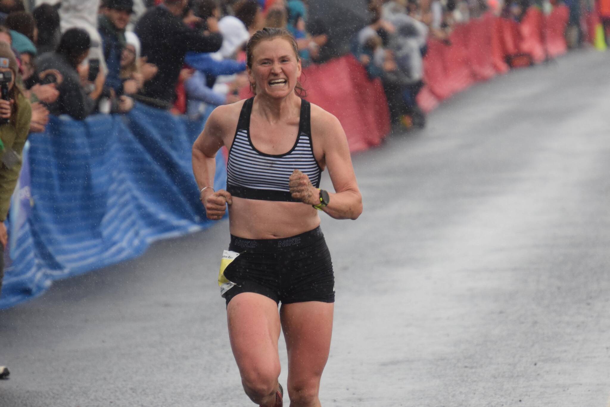 Hannah Lafleur, 32, of Seward defends her title in the women’s Mount Marathon Race in Seward, Alaska, on Wednesday, July 7, 2021. (Photo by Jeff Helminiak/Peninsula Clarion)