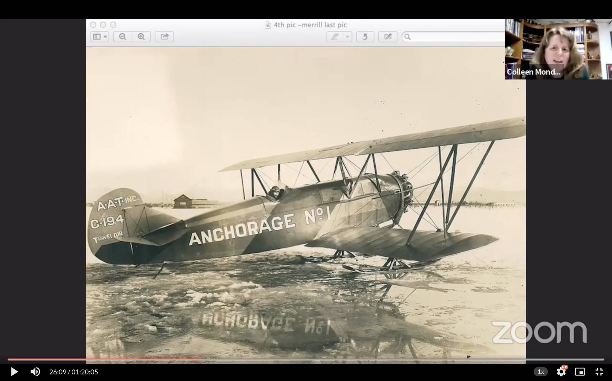 Colleen Mondor speaks about the history of missing aircraft in Alaska during a lecture presented by the Cook Inlet Historical Society on Thursday, Feb. 17, 2022 in Alaska. (Screenshot)