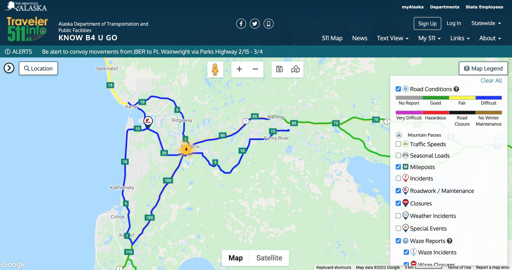 Alaska's 511 app shows travel on central peninsula roads to be "difficult" as of 6:50 p.m. on Monday, Feb. 21, 2022. (Screenshot)