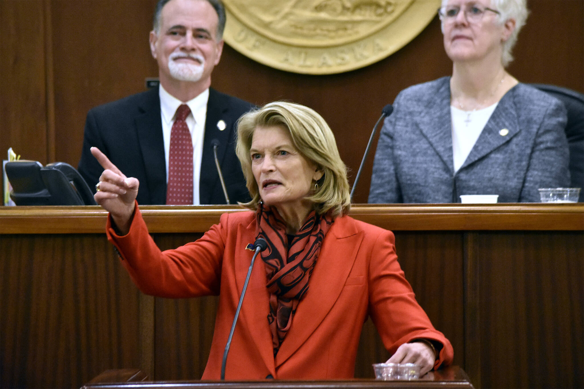 Peter Segall / Juneau Empire
U.S. Sen. Lisa Murkowski, R-Alaska, gave her annual address to the Alaska State Legislature on Tuesday at the Capitol in Juneau. Murkowski’s speech emphasized bipartisanship and making Alaska ready for the opportunities brought by the recent infrastructure package.