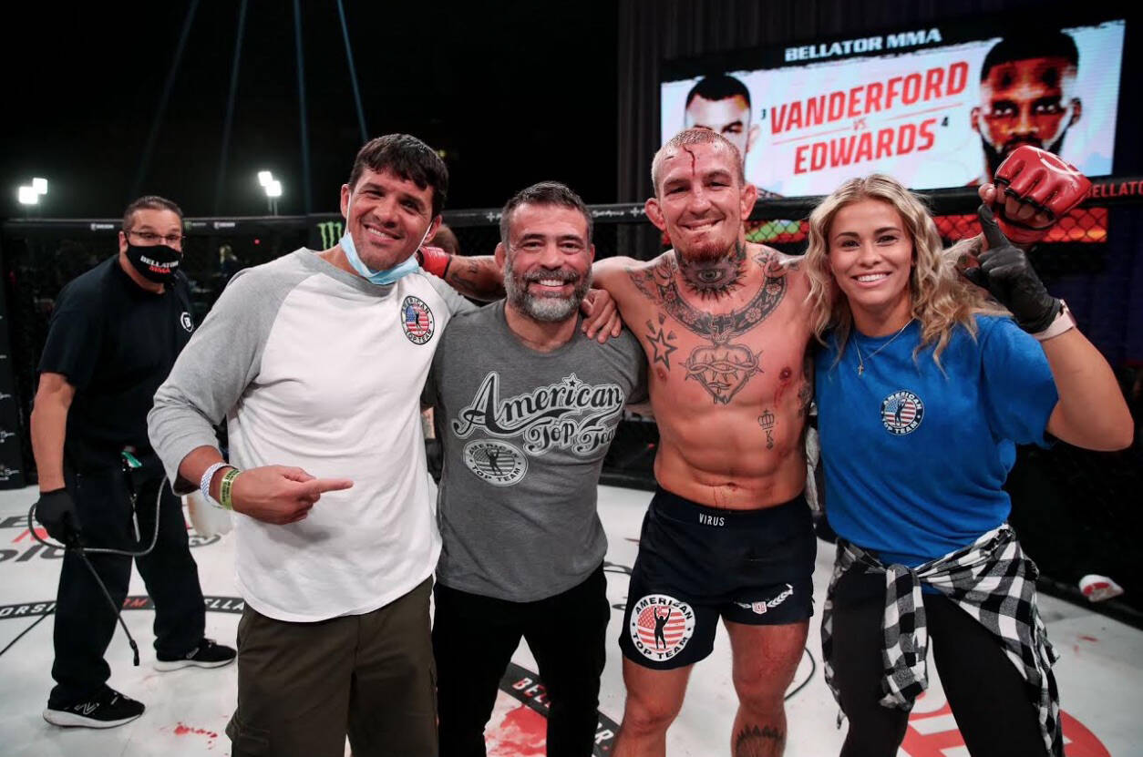 Austin Vanderford and his supporters, including his wife Paige VanZant, pose after a fight. (Photo courtesy of Lucas Noonan/Bellator)