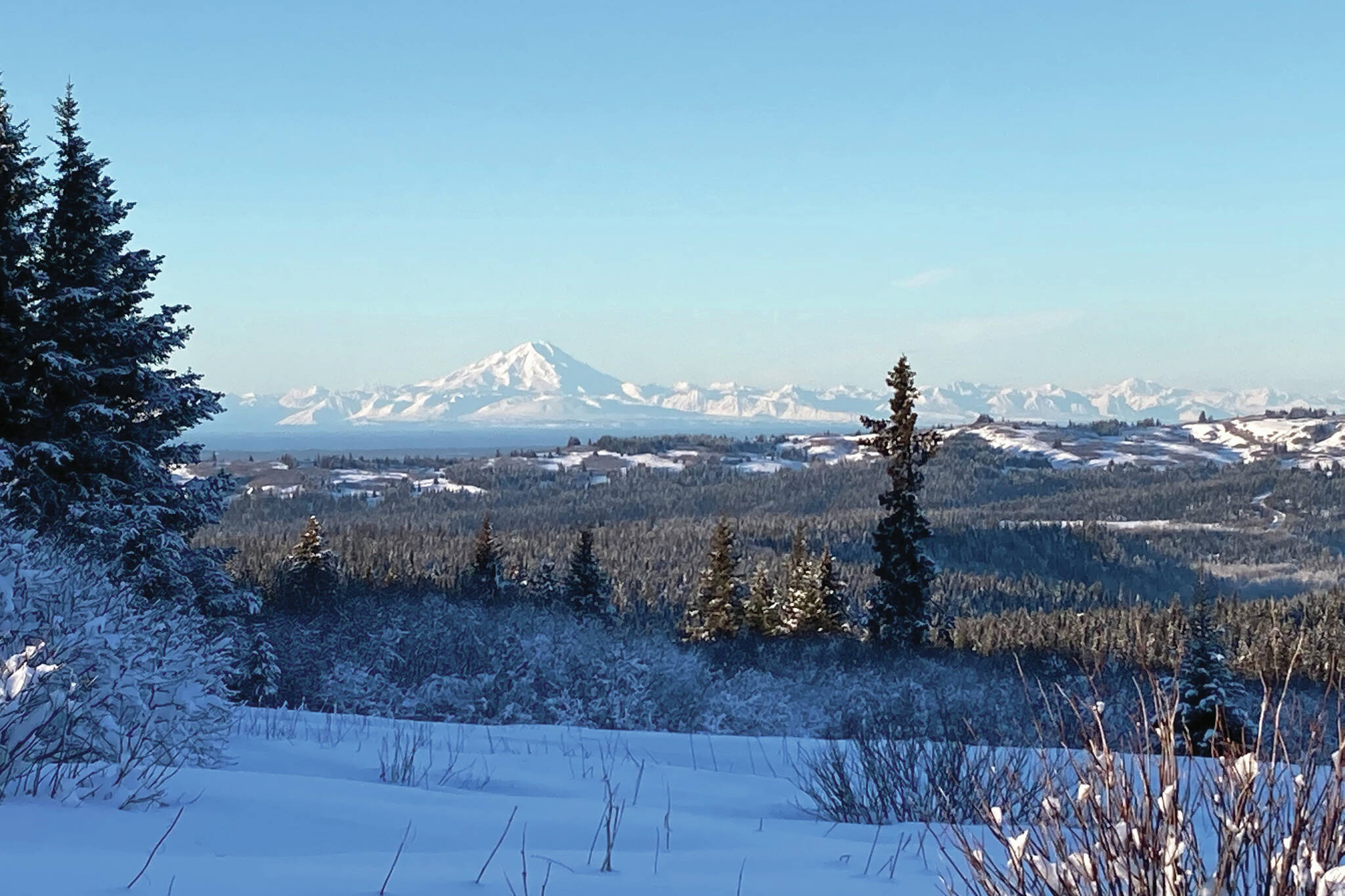 Mt. Redoubt can be seen across Cook Inlet from Diamond Ridge on the Marathon Ski Trail on Sunday, Jan. 24, 2021, near Homer, Alaska. (Photo by Michael Armstrong/Homer News)
