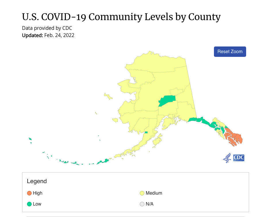 A map of COVID-19 Community Levels by county show the Kenai Peninsula have a “medium” community level on Friday, Feb. 24, 2022. (CDC.gov)