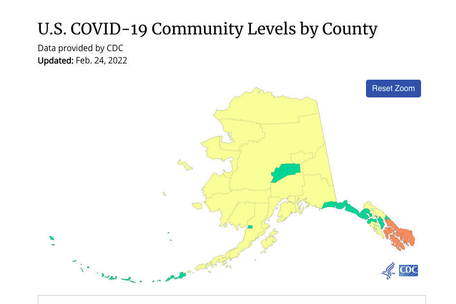 A map of COVID-19 Community Levels by county show the Kenai Peninsula have a “medium” community level on Friday, Feb. 24, 2022. (CDC.gov)
