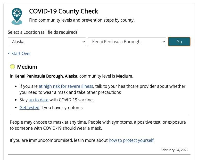 The Kenai Peninsula’s Community Level is shown as medium on Monday, Feb. 28, 2022. The Centers for Disease Control and Prevention unveiled new metrics to assess COVID-19 risk level last week. (cdc.gov)