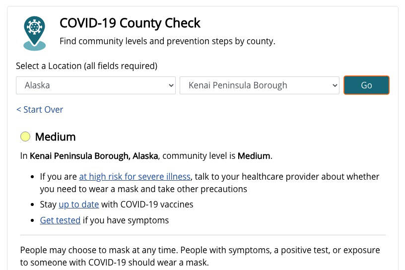 The Kenai Peninsula’s Community Level is shown as medium on Monday, Feb. 28, 2022. The Centers for Disease Control and Prevention unveiled new metrics to assess COVID-19 risk level last week. (cdc.gov)