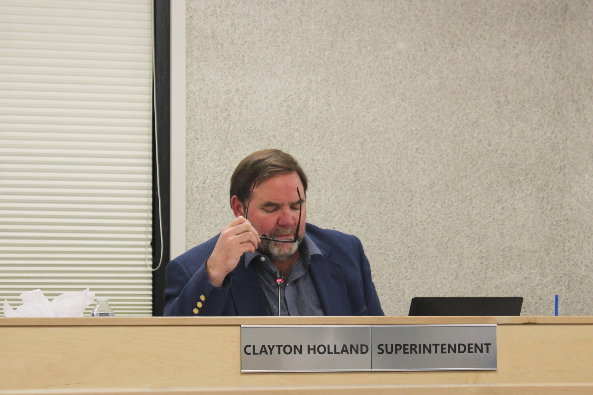 Kenai Peninsula Borough School District Superintendent Clayton Holland speaks during a board meeting on Monday, Dec. 6, 2021 in Soldotna, Alaska. (Ashlyn O’Hara/Peninsula Clarion)