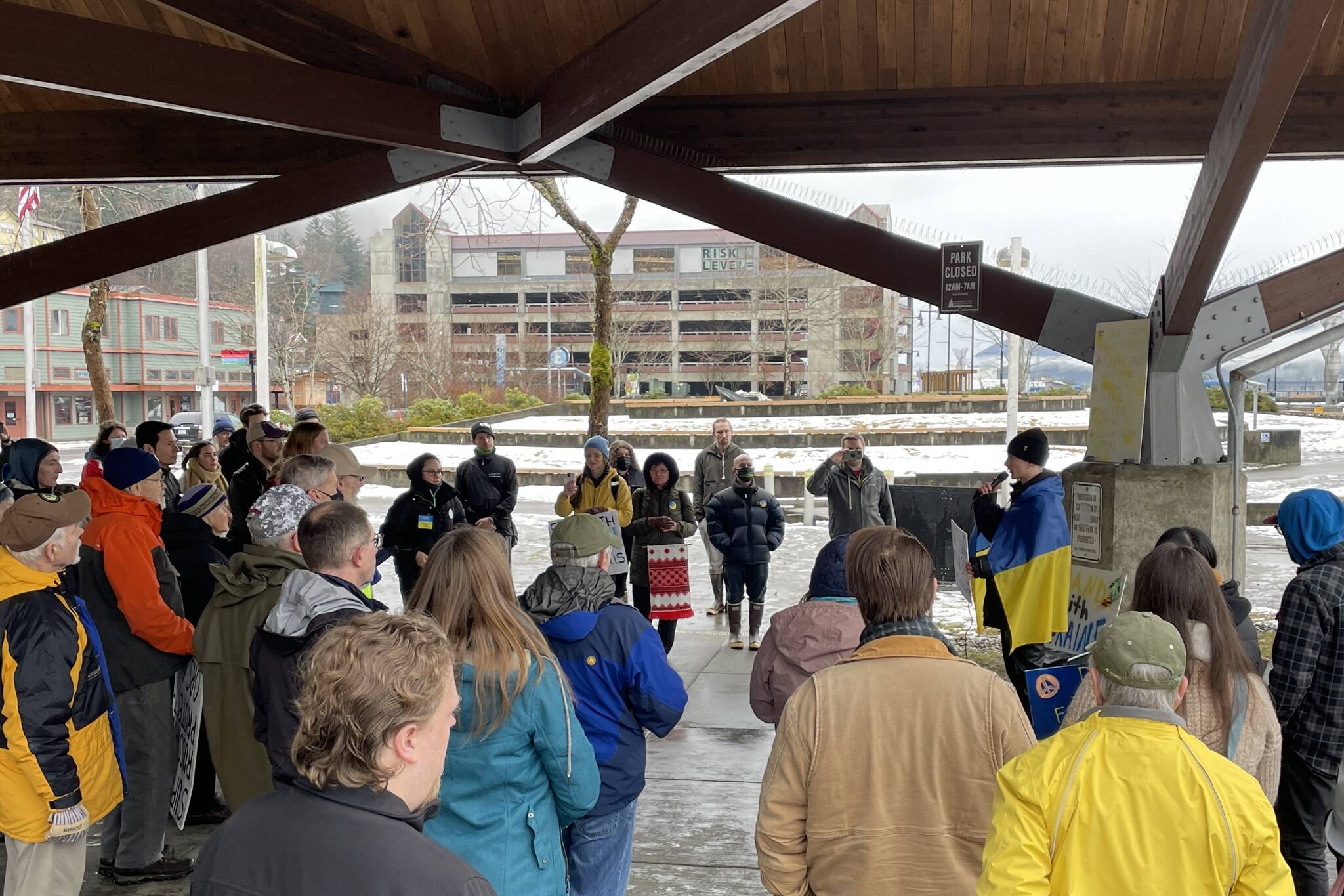 Viktor Tkachenko, who moved to Alaska from Ukraine last year, speaks during a protest against the Russian invasion of Ukraine in Marine Park on Feb. 26, 2022. (Michael S. Lockett / Juneau Empire)