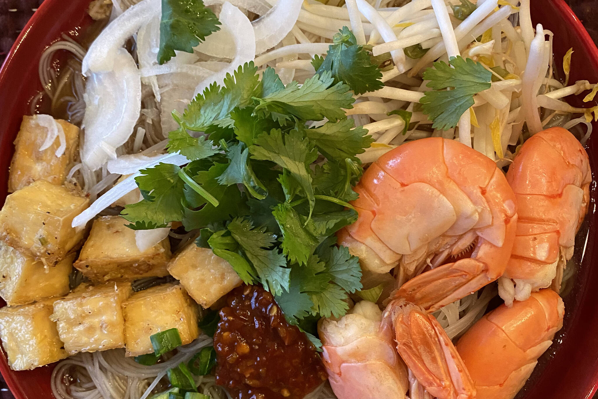 Rice noodles, tofu, lemon grass, cilantro, shrimp and bean sprouts top this homemade pho. (Photo by Tressa Dale/Peninsula Clarion)