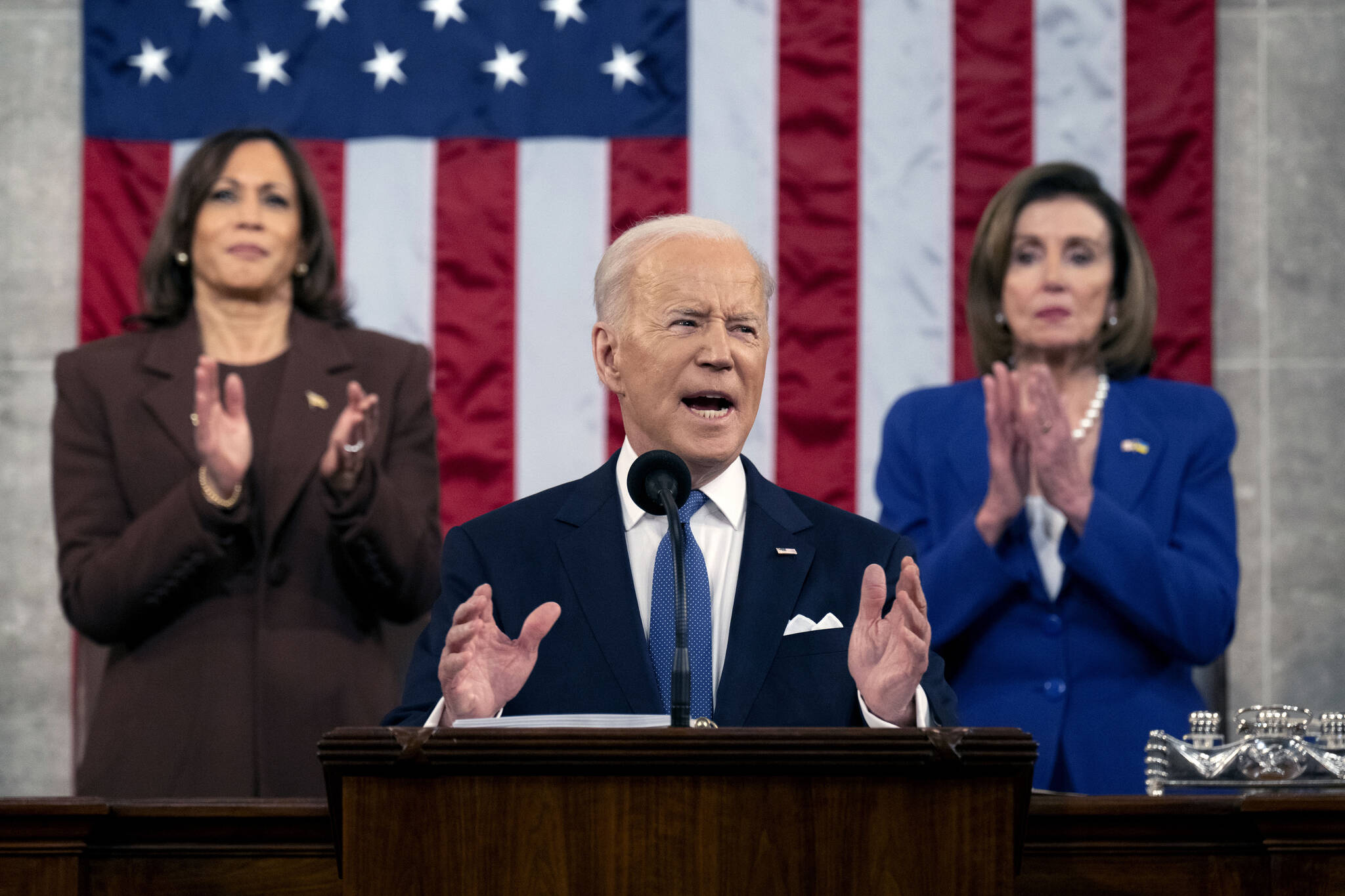 President Joe Biden delivers his State of the Union address to a joint session of Congress at the Capitol, Tuesday, March 1, 2022, in Washington. (Saul Loeb, Pool via AP)