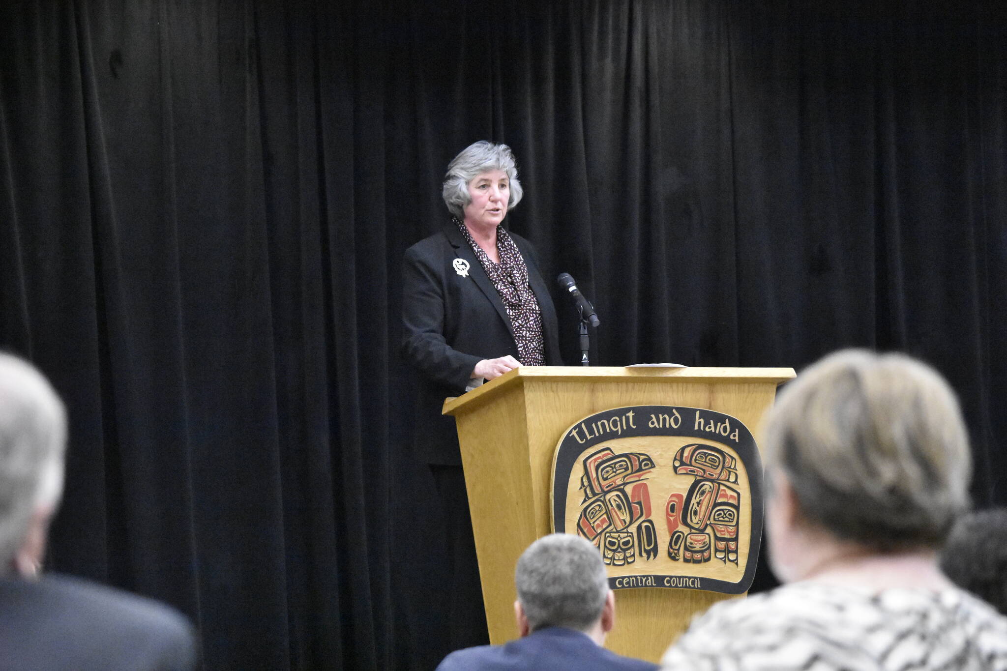University of Alaska President Pat Pitney speaks to the Juneau Chamber of Commerce Luncheon at Elizabeth Peratrovich Hall on Thursday, March 3, 2022, emphasizing the system’s importance to the state’s workforce. (Peter Segall / Juneau Empire)
