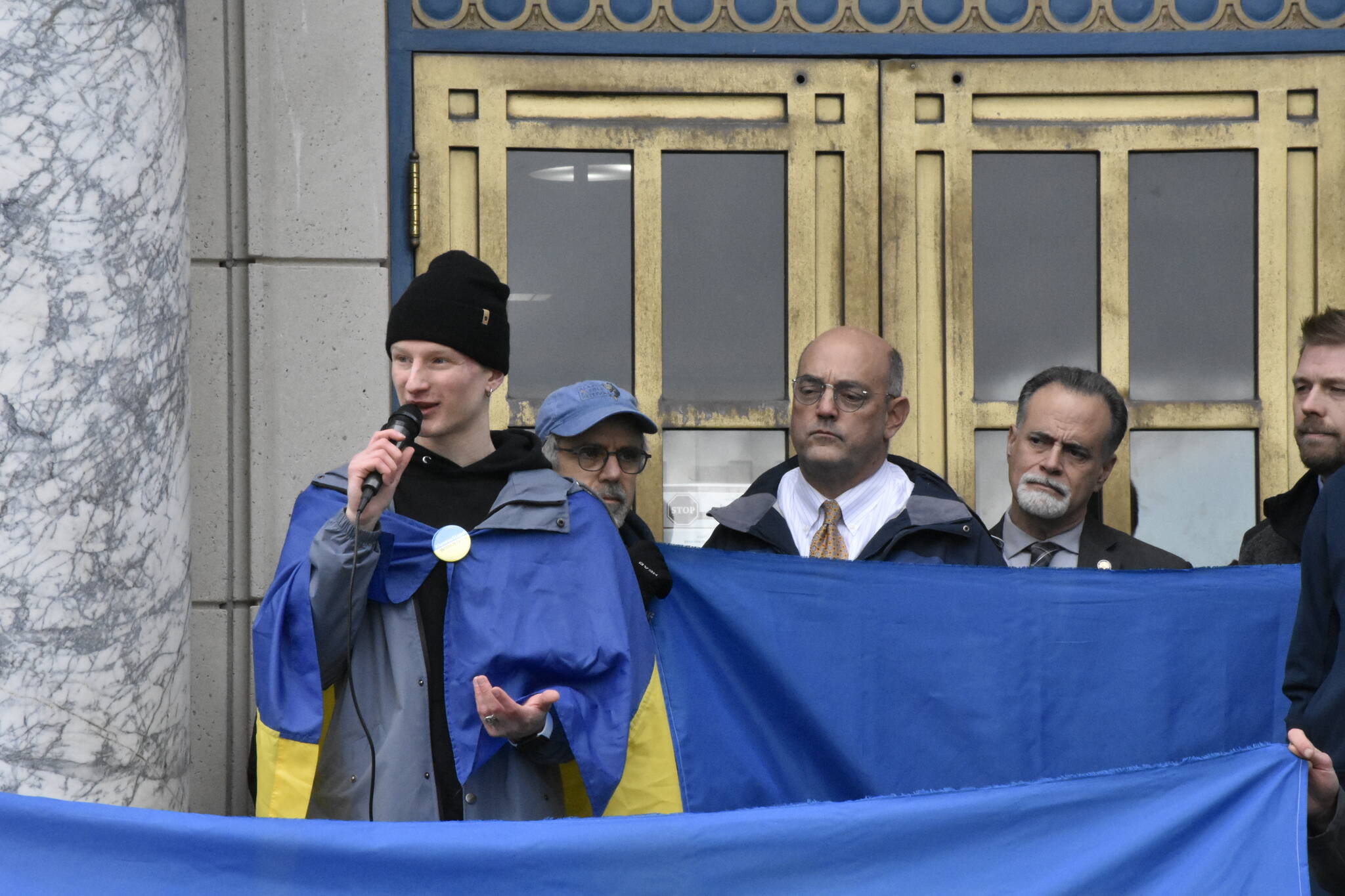 Peter Segall / Juneau Empire
Viktor Tkachenko, who recently moved to Alaska from Ukraine, speaks during a rally encouraging the state to divest from all Russian investment on March 4, 2022.