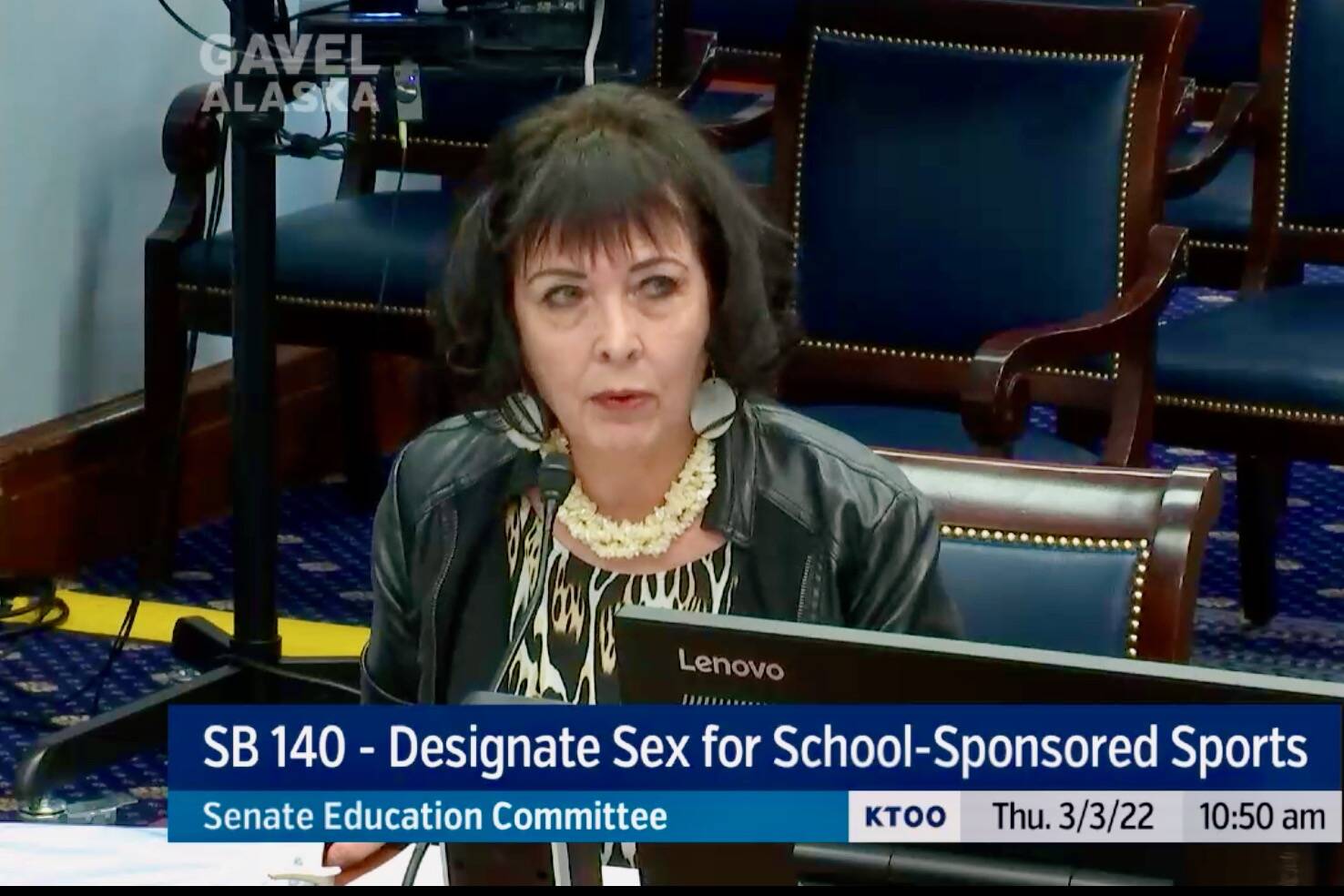 Screenshot
In this screenshot of Gavel Alaska, Sen. Shelley Hughes, R-Palmer, spoke to the Senate Education Committee on Thursday, March 3, 2022, regarding a bill that would prevent transgender athletes from competing as the sex they identify with.