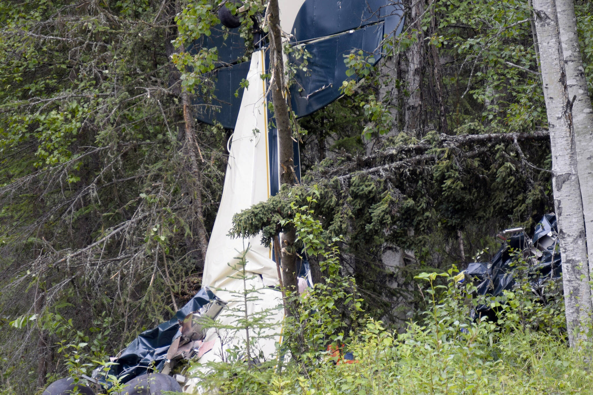 In this July 31, 2020, file photo, a plane rests in brush and trees outside of Soldotna, Alaska, after a midair collision that killed seven people, including State Rep. Gary Knopp. A Feb. 22 report by the National Transportation and Safety Board is recommending that all pilots be required to communicate their positions on a designated radio frequency when entering and exiting areas not controlled by air traffic control towers throughout Alaska. (Jeff Helminiak/Peninsula Clarion via AP, F-le)