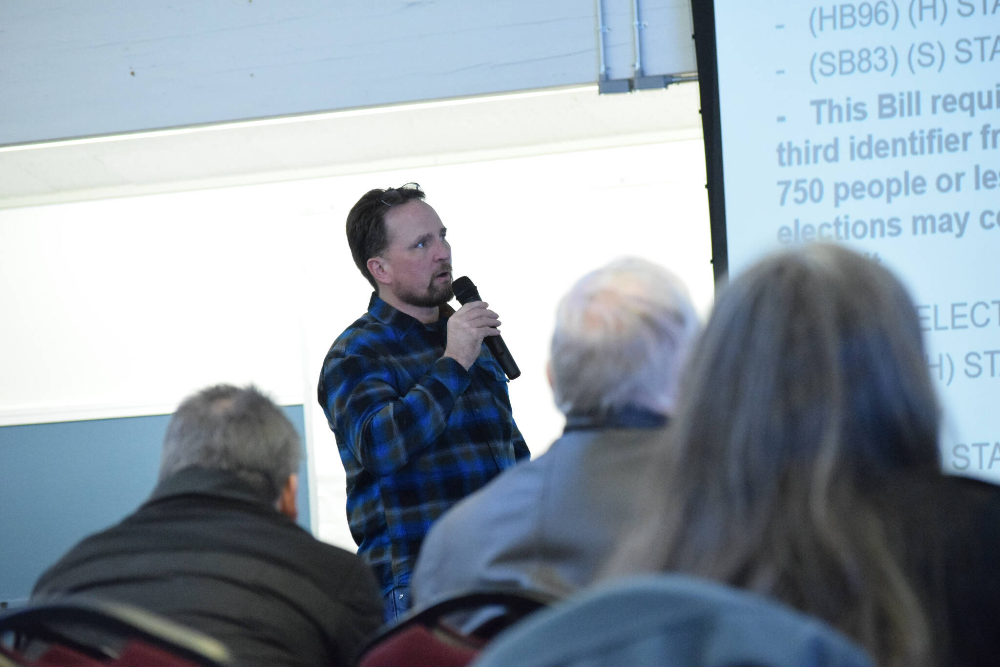 Alaska House Rep. Ben Carpenter, R-Nikiski, speaks at a town hall meeting in Nikiski, Alaska, on Saturday, March 5, 2022. (Camille Botello/Peninsula Clarion)