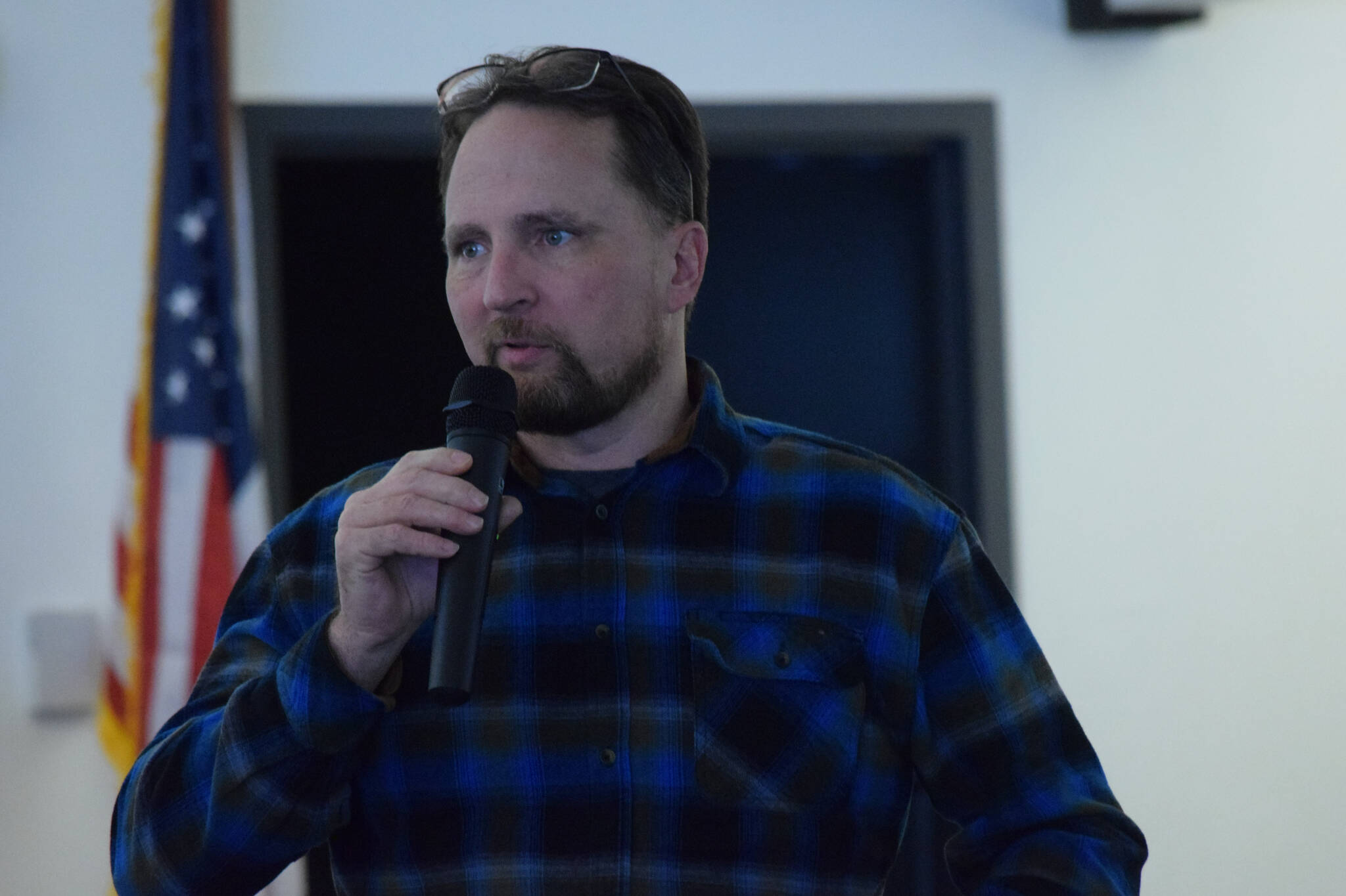 Alaska House Rep. Ben Carpenter, R-Nikiski, speaks at a town hall meeting in Nikiski, Alaska, on Saturday, March 5, 2022. (Camille Botello/Peninsula Clarion)