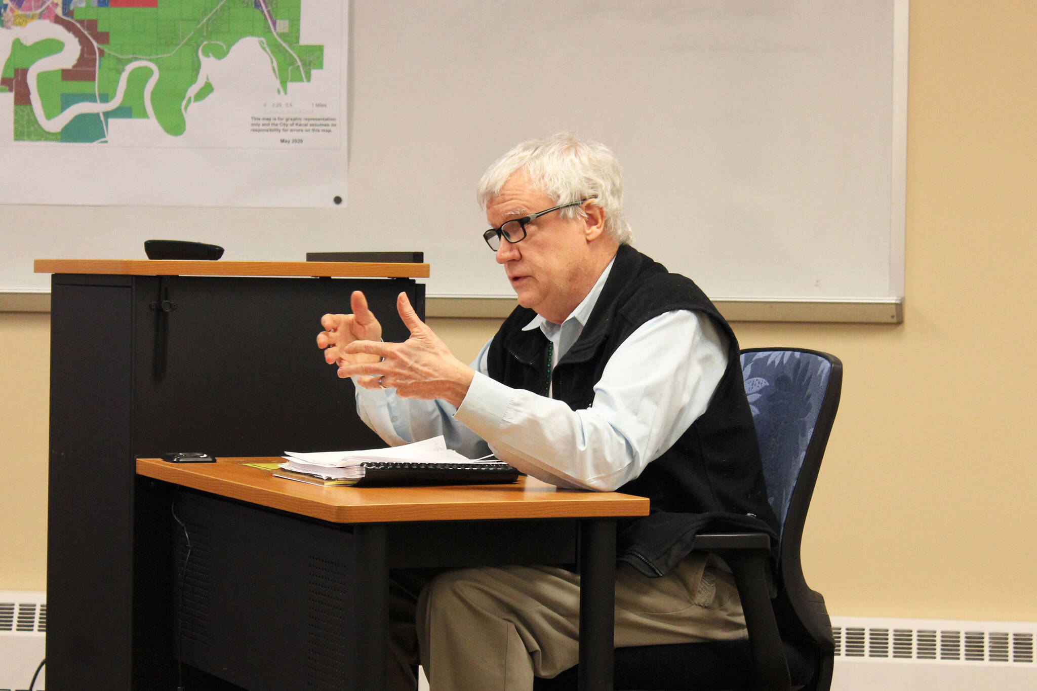 Former Kenai Vice Mayor Bob Molloy proposes changes to the City of Kenai’s draft Land Management Plan during a city council work session on Monday, March 7, 2022 in Kenai, Alaska. (Ashlyn O’Hara/Peninsula Clarion)