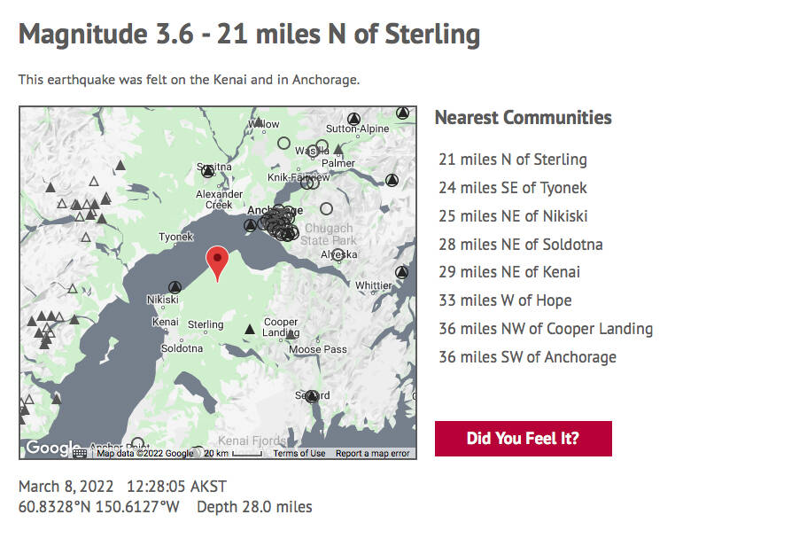 A map indicates the location of the 3.6-magnitude earthquake that struck the northern Kenai Peninsula on Tuesday, March 8, 2022. The earthquake was 28 miles deep and struck 29 miles northeast of Kenai, Alaska. (University of Alaska Fairbanks Earthquake Center/screenshot)