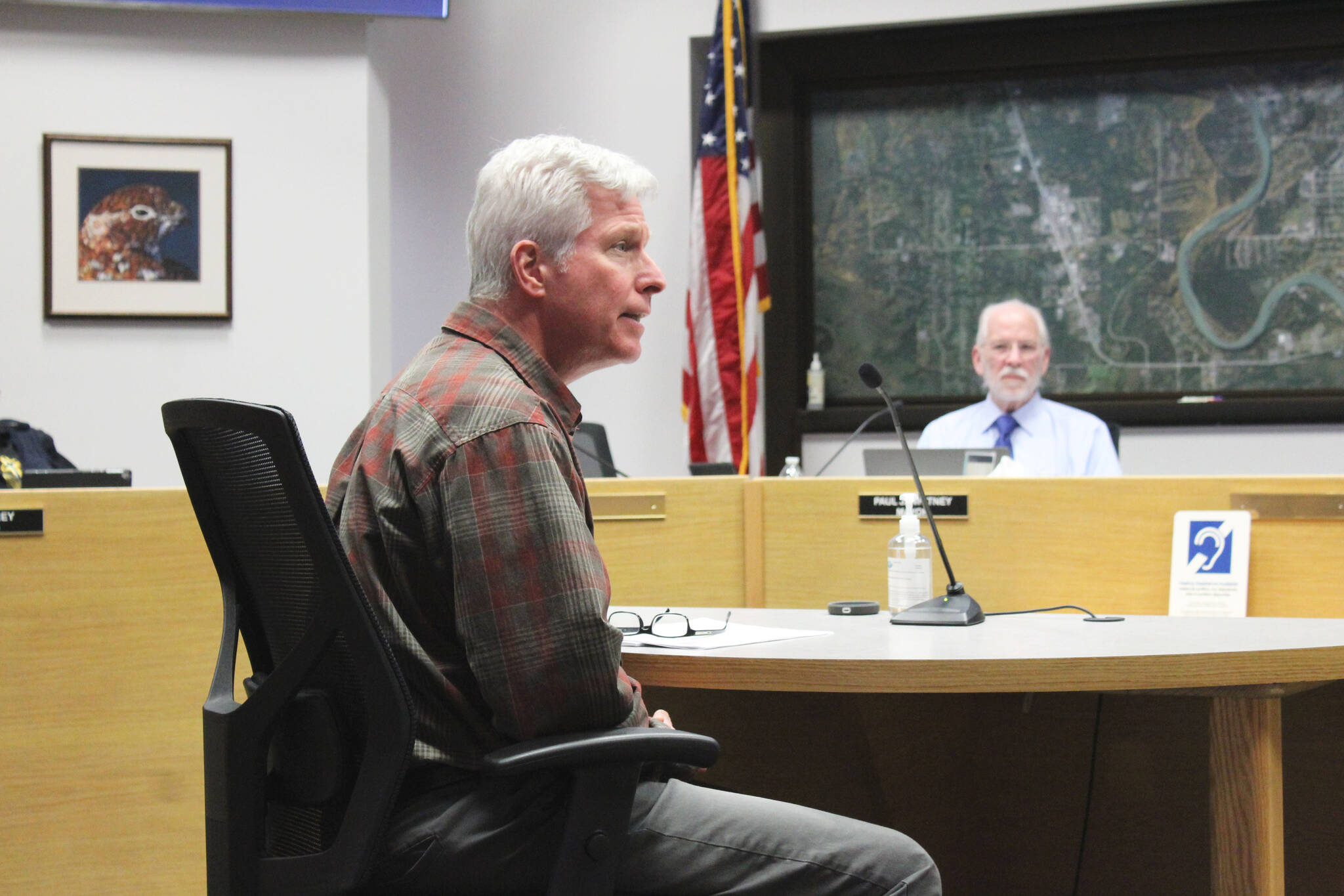 Soldotna Director of Economic Development and Planning John Czarnezki describes a plan for more parking in downtown Soldotna during a meeting of the Soldotna City Council on Wednesday, March 9, 2022, in Soldotna, Alaska. (Ashlyn O’Hara/Peninsula Clarion)