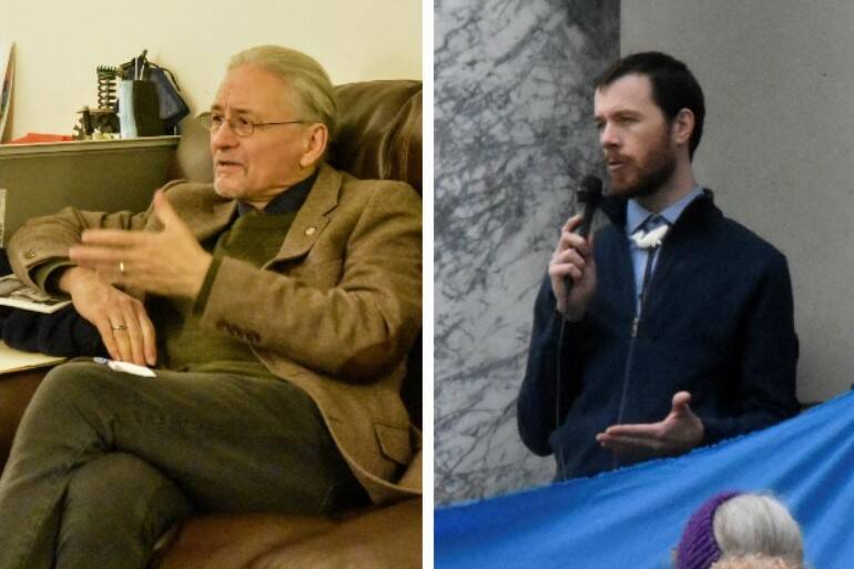 Peter Segall / Juneau Empire 
Alaska Sen. Tom Begich, left, and Rep. Zack Fields, right, both Anchorage Democrats, joined a news conference Thursday to talk up President Joe Biden’s agenda in Alaska.