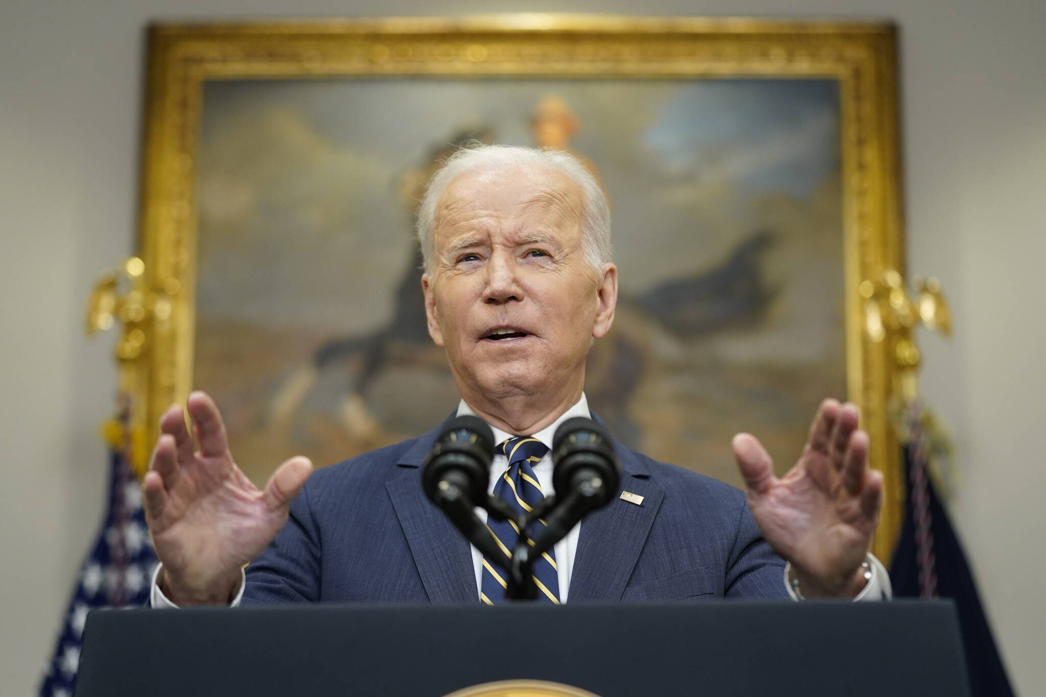 President Joe Biden announces that along with the European Union and the Group of Seven countries, the U.S. will move to revoke “most favored nation” trade status for Russia over its invasion of Ukraine, Friday, March 11, 2022, in the Roosevelt Room at the White House in Washington. (AP Photo/Andrew Harnik)