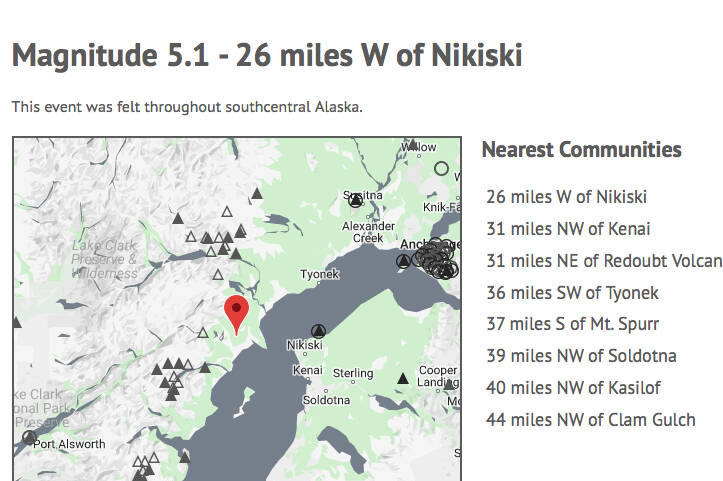 A screenshot of the University of Alaska Fairbanks Alaska Earthquake Center website shows the location of a preliminary 5.1 magnitude earthquake that struck the western side Cook Inlet on Saturday, March 12, 2022 at approximately 11 a.m. (Screenshot/University of Alaska Fairbanks Alaska Earthquake Center)