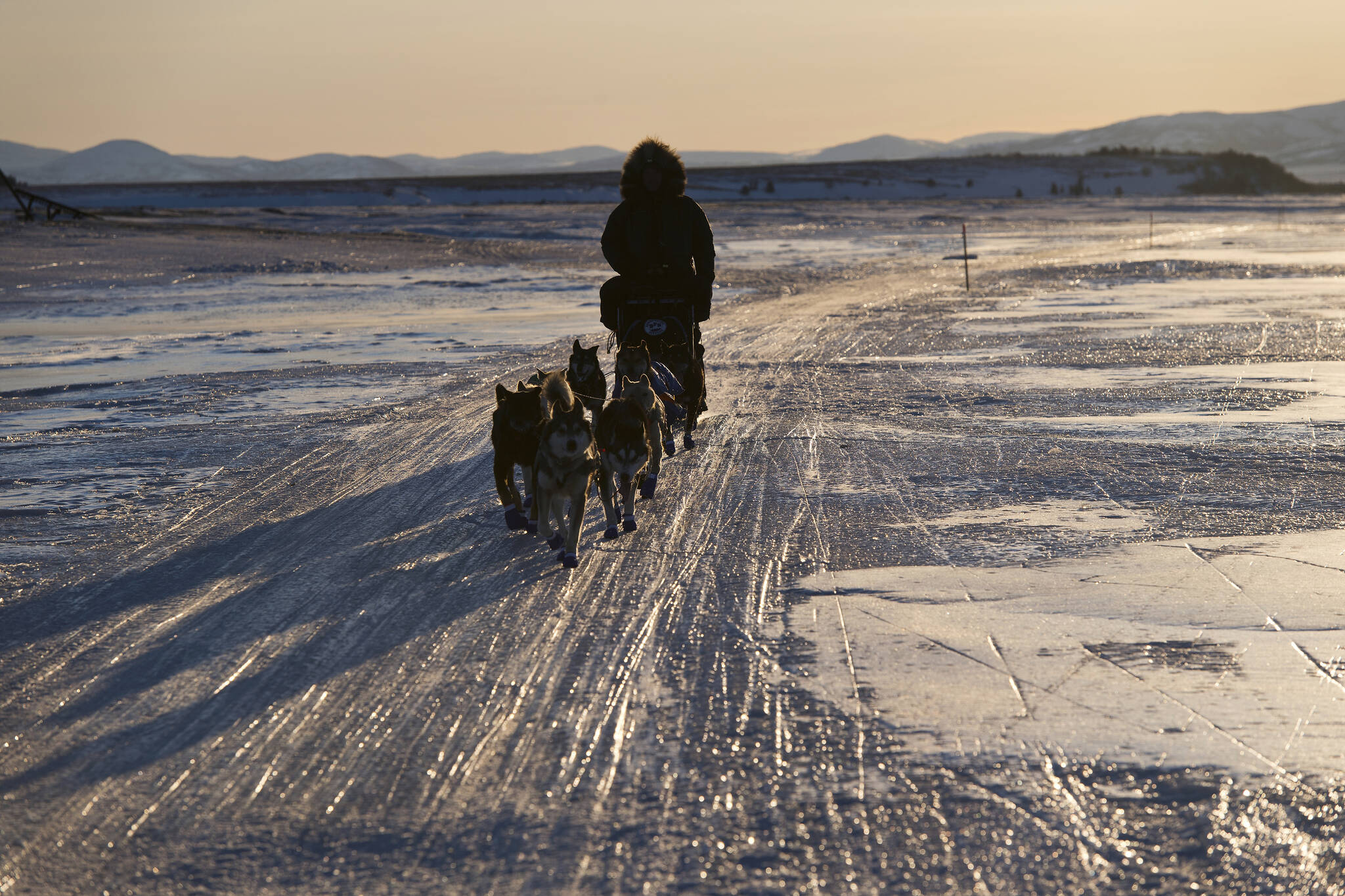 Veteran musher Aaron Burmeister rides on a mostly bare-ice stretch of trail during the Iditarod Trail Sled Dog Race, as he reaches Unalakleet, Alaska on Sunday, March 13, 2022. (Marc Lester/Anchorage Daily News via AP)