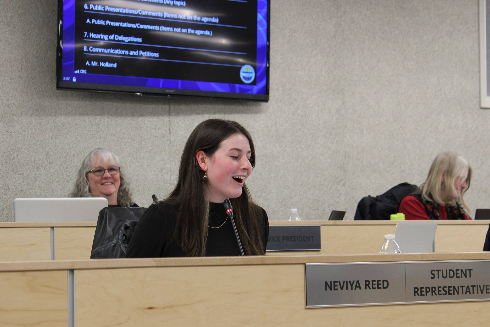 Homer High School student and Kenai Peninsula Borough School District Board of Education Student Representative Neviya Reed speaks during a board meeting on Monday, March 14, 2022 in Soldotna, Alaska. (Ashlyn O’Hara/Peninsula Clarion)