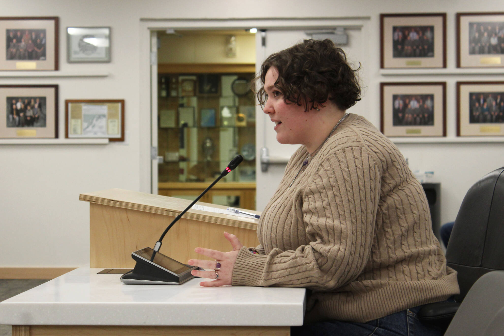 Olivia Ferguson, who is the student representative to the Kenai Peninsula Borough School District Board of Educations Information Committee speaks during a board meeting on Monday, March 14, 2022 in Soldotna, Alaska. (Ashlyn OHara/Peninsula Clarion)