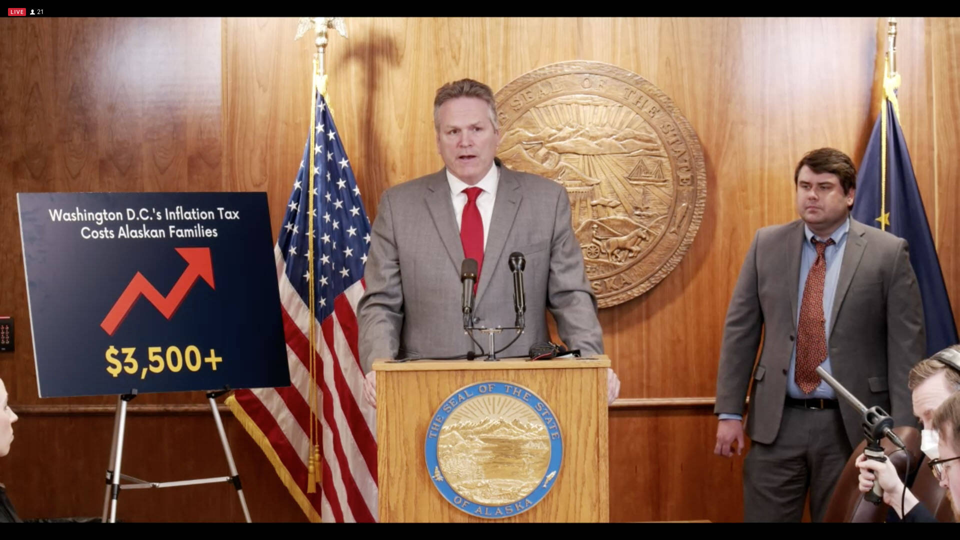 Gov. Mike Dunleavy speaks about state revenue during a press conference on Tuesday, March 15, 2022 in Juneau, Alaska. (Screenshot)