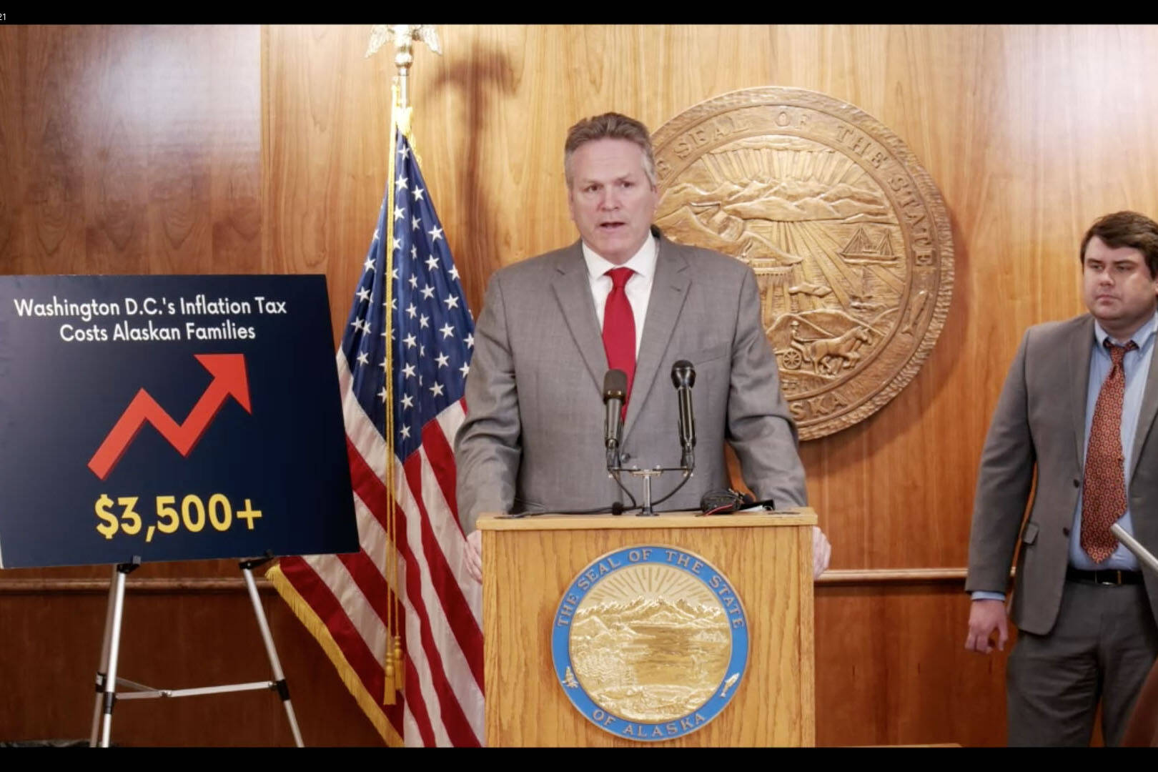 Gov. Mike Dunleavy speaks about state revenue during a press conference on Tuesday, March 15, 2022 in Juneau, Alaska. (Screenshot)