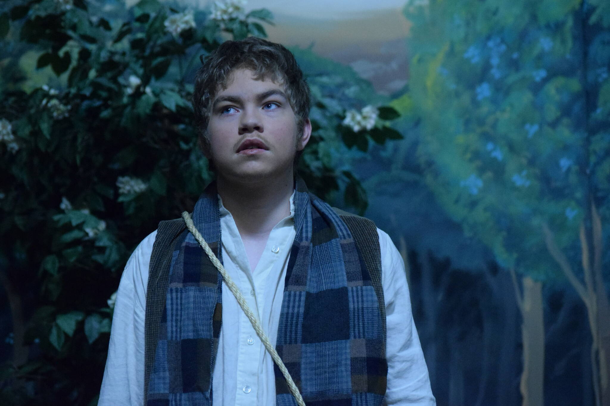 Josiah Burton rehearses as his “Into the Woods” character, Jack, at the Kenai Performers building in Soldotna, Alaska, on Monday, March 14, 2022. (Camille Botello/Peninsula Clarion)