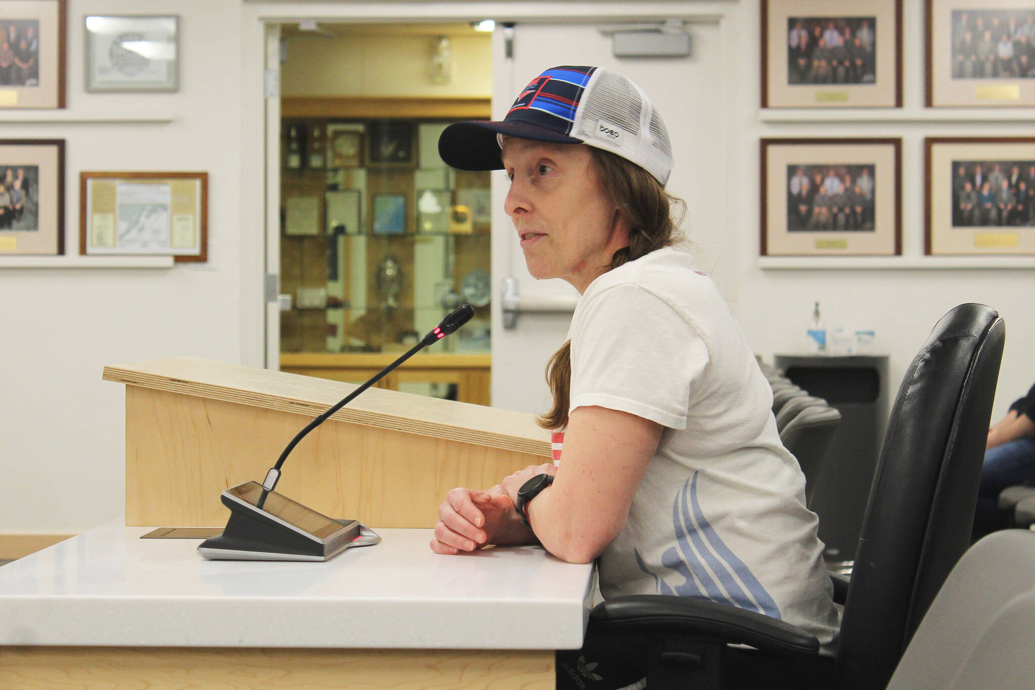 Swim coach Angie Brennan speaks in support of lower user fees for Kenai Peninsula Borough School District pools during a Board of Education meeting on Monday, March 14, 2022 in Soldotna, Alaska. (Ashlyn O’Hara/Peninsula Clarion)