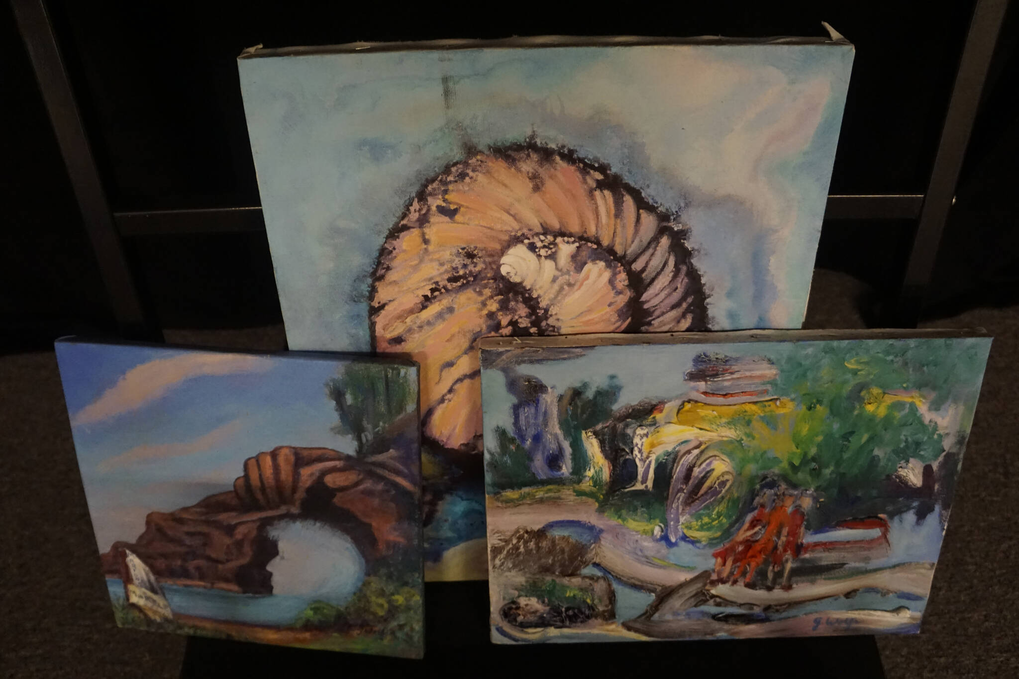 “Selected Works and Sketches by Gaye Wolfe,” showing at the Homer Council on the Arts through March, includes some framed small paintings. (Photo by Michael Armstrong/Homer News)