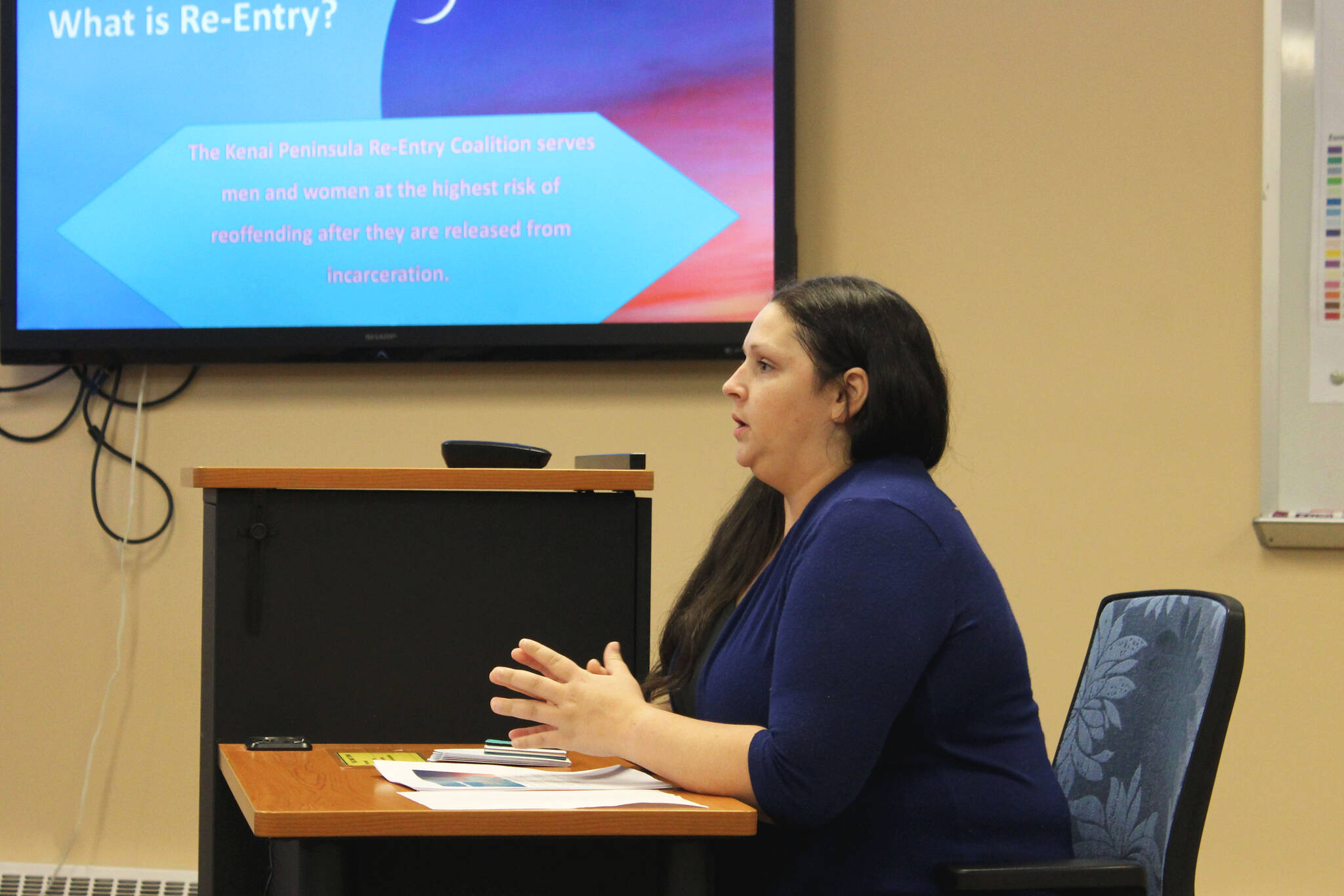 Kenai Peninsula Re-Entry Coalition President Katie Cowgill speaks about the organization’s reentry simulation event during a meeting of the Kenai City Council on Wednesday, March 16, 2022 in Kenai, Alaska. (Ashlyn O’Hara/Peninsula Clarion)