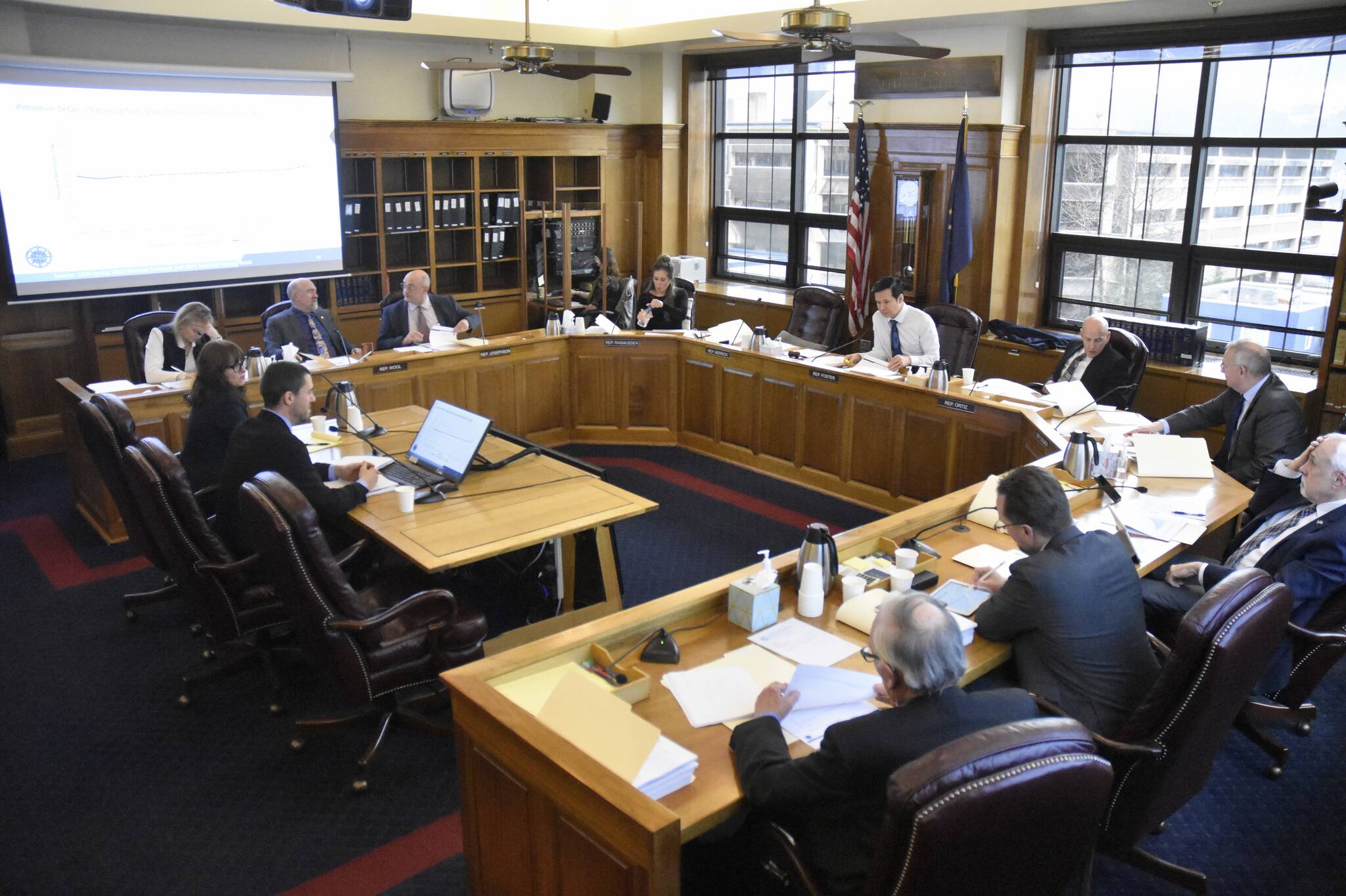 The House Finance Committee hears a presentation from Department of Revenue Chief Economist Dan Stickle on Wednesday, March 16, 2022. It was a busy day at the Alaska State Capitol Wednesday with both the House of Representatives and the Senate passing multiple bills. (Peter Segall / Juneau Empire)