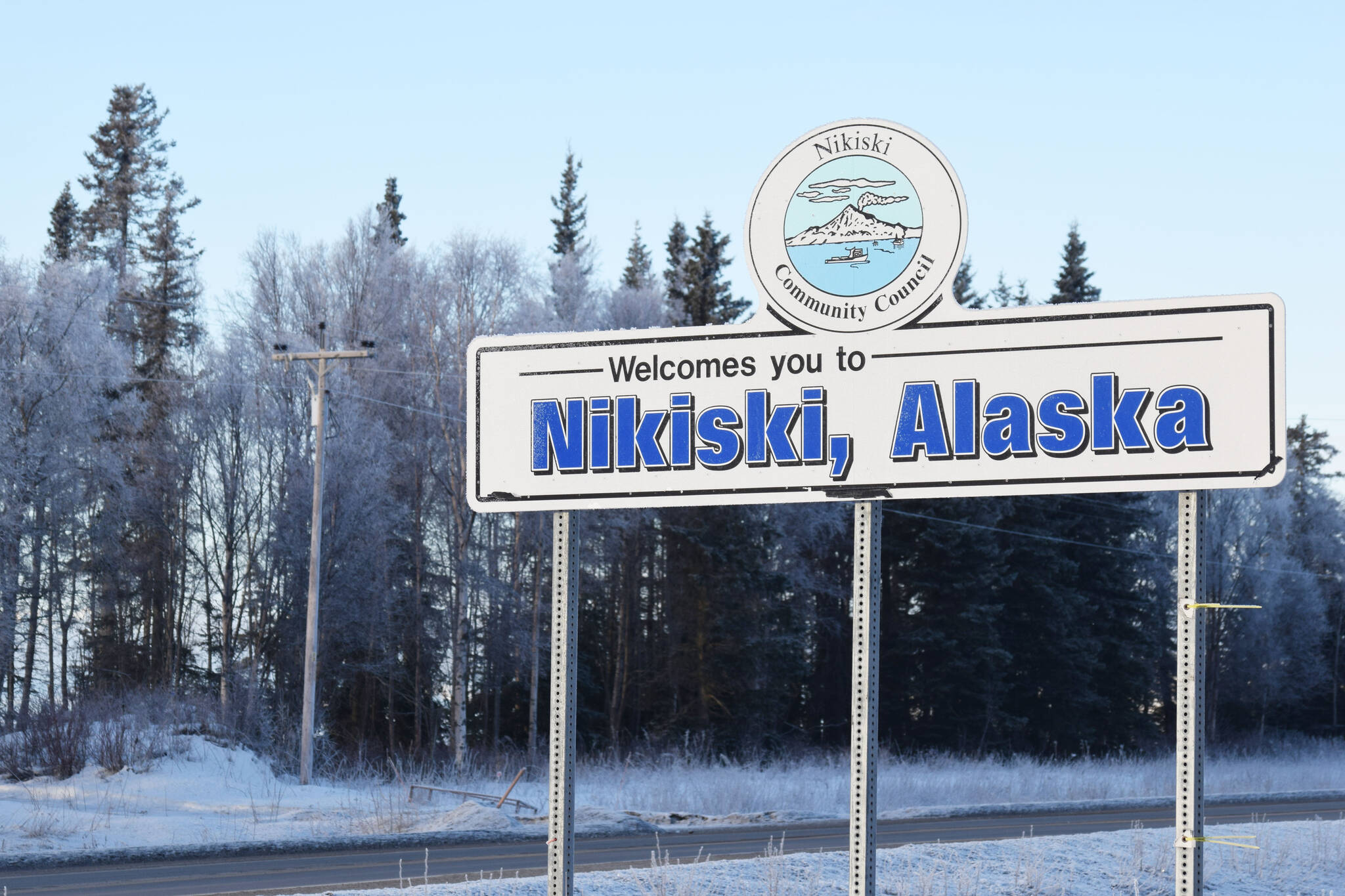 A sign along the Kenai Spur Highway welcomes travelers to Nikiski, Alaska, in January 2019. (Clarion file photo)