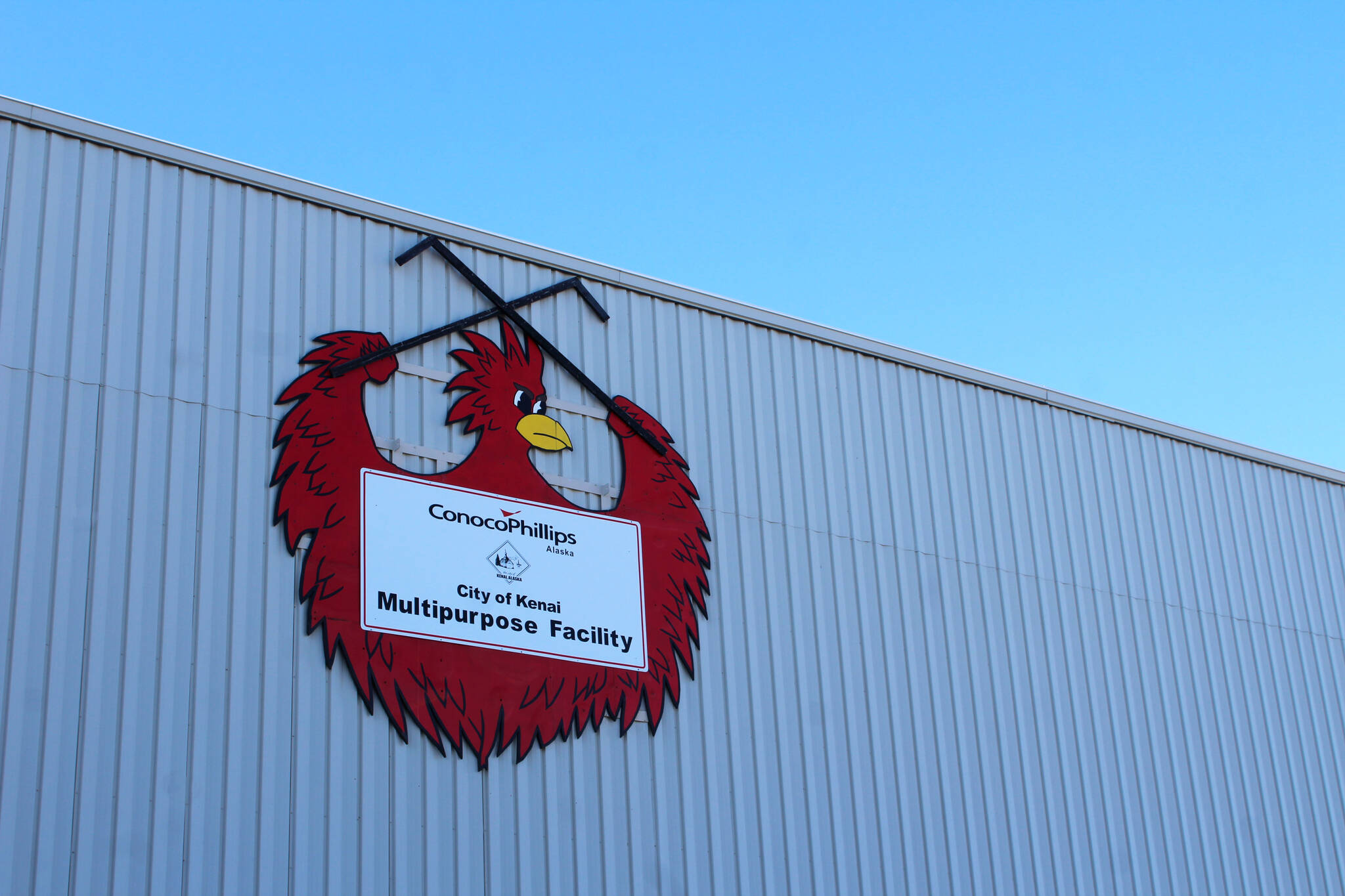 Signage hangs on the exterior of the Kenai Multi-Purpose Facility on Monday, March 21, 2022, in Kenai, Alaska. (Ashlyn O’Hara/Peninsula Clarion)