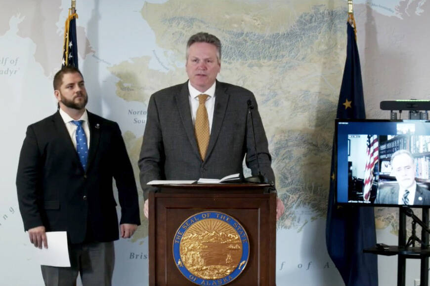Adam Crum (left), Gov. Mike Dunleavy and Alaska Sen. Peter Micciche (on screen) discuss the move to split the Department of Health and Social Services into two separate agencies, on Monday, March 21, 2022, in Juneau, Alaska. (Screenshot)